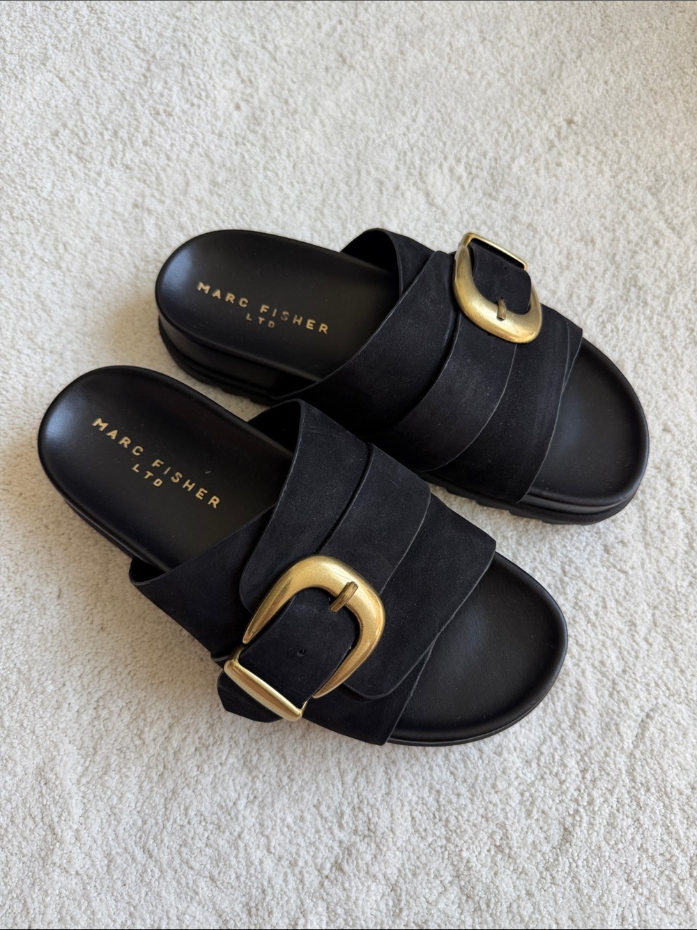Marc Fisher Black Suede Slide Sandals with Gold Buckles